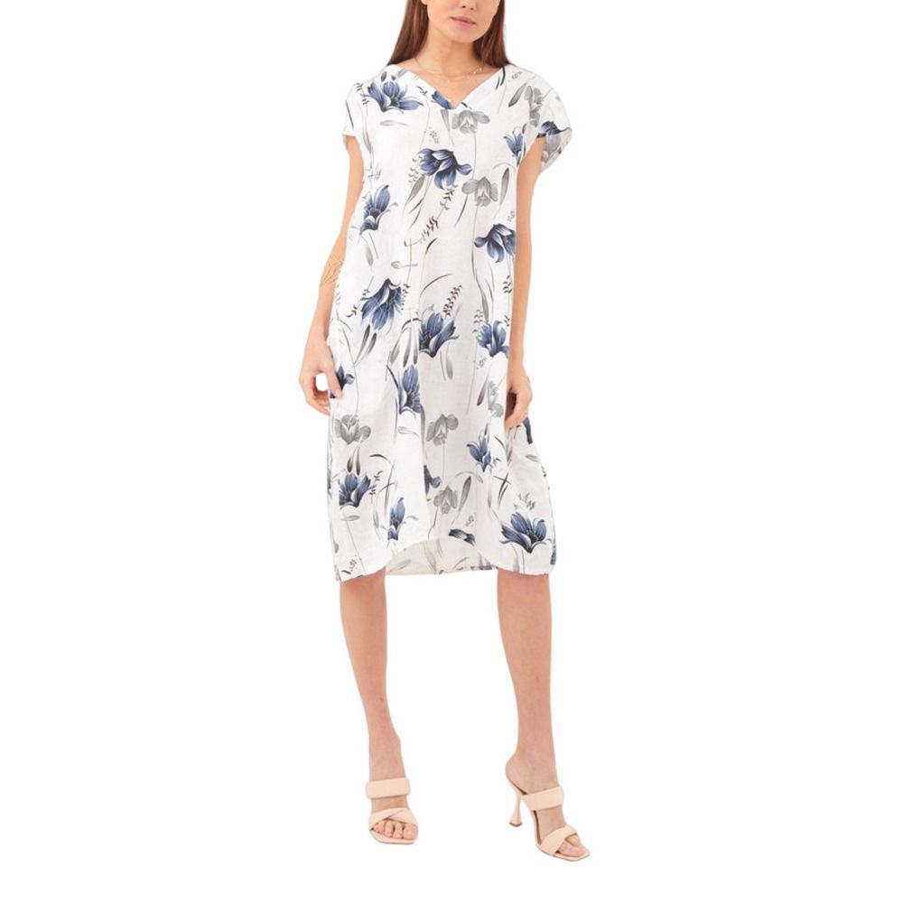 Ornella Paris White Floral Cap Sleeve Linen V Neck Shift Dress Size L